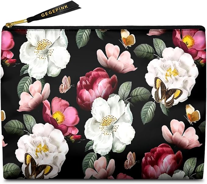 Cute Makeup Bag for Purse Waterproof Cosmetic Bags for Women Funny Smooth Zipper Travel Toiletry Pouch 10X8 Inches-Black Floral Makeup pouch