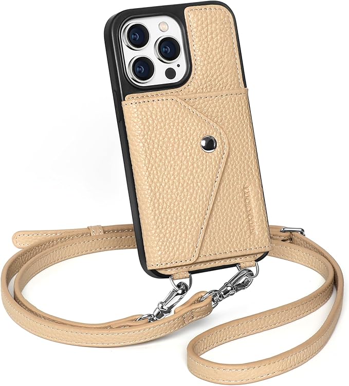 LUCKYCOIN Crossbody Wallet Phone Case for iPhone 15 Pro,100% Genuine Leather Wallet Phone Case with Expandable Flip Card Holder,Phone Purse for Women with Adjustable Removable Strap - Pebble Beige