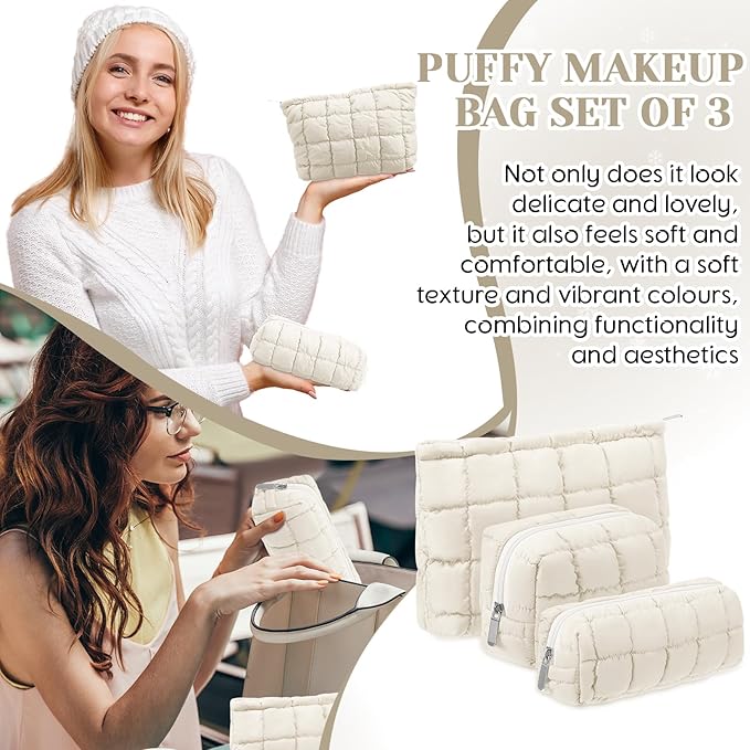 3 Pcs Puffy Makeup Bag Quilted Cosmetic Pouch for Women Cute Checkered Travel Toiletry Bag Puffer Makeup Organizer Purse Pouch Preppy Pencil Case with Zipper