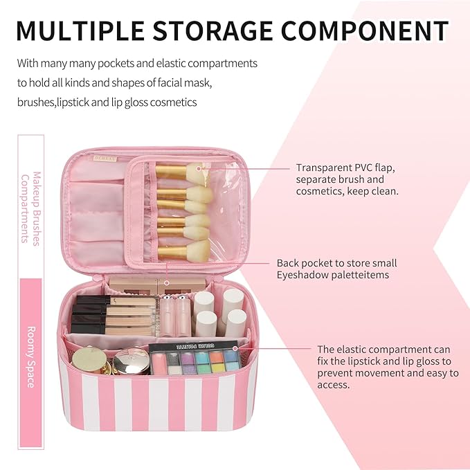 OCHEAL Makeup Bag,Travel Makeup Organizer Bag, Large Capacity Cosmetic Bags For Women Large Travel Toiletry Bag Girls Traveling With Brush Slot And Divider-Stripes Pink