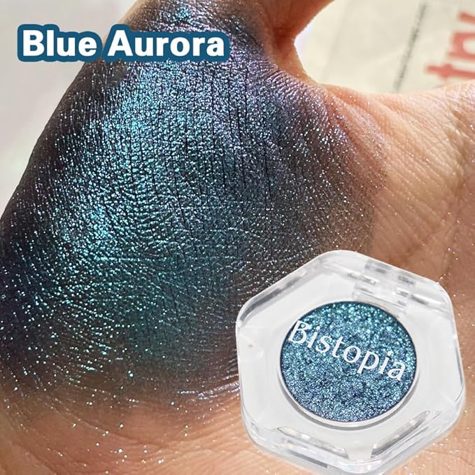 Chameleon Eyeshadow Collection, 14 Shades, Glitter Pressed Powder, Iridescent Shimmer Colors. (Blue Aurora)