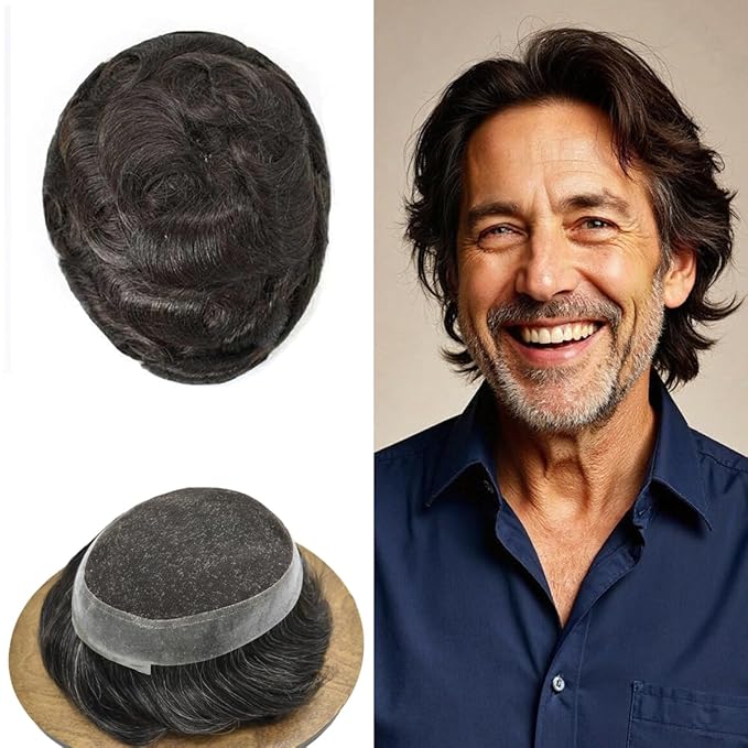FACE MIRACLE Toupee for Men French Lace Hairpiece Human Hair Replacement System Skin PU Mens Toupee Hair Wigs for Man V-Looped Front Hair Prosthesis 6"X9" #2 Darkest Brown