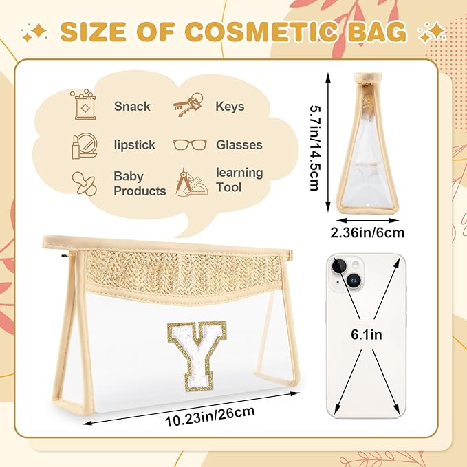 Personalized Initial Letter Bag Boho Straw Clear Makeup Bag,Small Cute Chenille Varsity Letter Bag With Zipper,Beach Travel Toiletry Bag,Portable Monogrammed Cosmetic Bag for Women Girls,Y