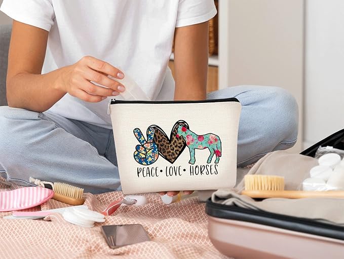 Horse Gifts for Women Horse Makeup Bag,Horse Themed Gifts for Women,Peace Love Horse Leopard Floral Cosmetic Bag Cowgirls Gift,Horse Lovers,Horse Owners Gifts, Christmas Birthday Gift