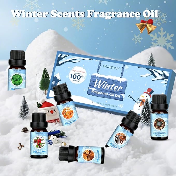 Winter Essential Oil for Diffusers Home, Holiday Fragrance Oils Set, Scented Oil Gift Set for Candle Soap Making - Christmas Wreath, Gingerbread, Mistletoe, Peppermint, Cinnamon, Hot Chocolate