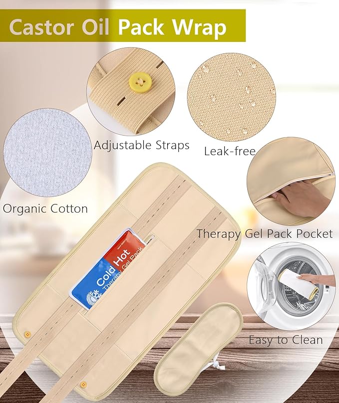 Castor Oil Organic Cold Pressed Unrefined, Amber Glass Bottle with Castor Oil Pack Wrap and Cotton Flannel Cloth for Body, 8oz/237ml