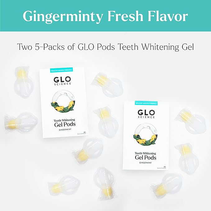 GLO Science So Brilliant Teeth Whitening Gel Pods – Safe, Effective Tooth Whitener with Silicon Brush, 6% Hydrogen Peroxide – Designed for Sensitive Teeth – Gingermint Flavor (2 Packs of 5)