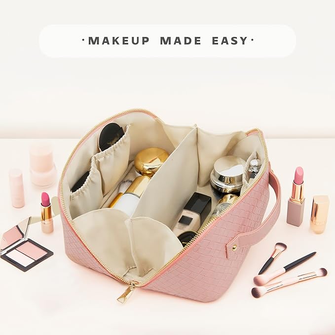 Travel Makeup Bag – Large Cosmetic Organizer with Waterproof PU Leather, Smooth Double Zipper & Tear-Resistant Lining, Toiletry Pouch for Women (Pink)