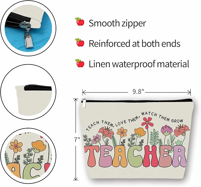 Teacher Appreciation Gifts Makeup Bag: Floral Themed Cosmetic & Toiletry Organizer Pouch For Women & Girls Teachers - Ideal Gift for Travel, Birthdays, Christmas, Teacher's Day, Thanksgiving Day.