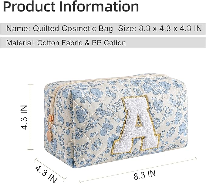 Gleyemor Personalized Initial Makeup Bag for Women, Cute Quilted Blue Floral Cotton Cosmetic Bag, Christmas Gifts for Her Mom Friend Sister Bridesmaid Teacher Women A