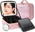 Portable Travel Cosmetic Bag with LED, 3-color Adjustable Cosmetic Organizer, Women's Cosmetic Case, Mirror Makeup Bag Case Rechargeable (Pink)