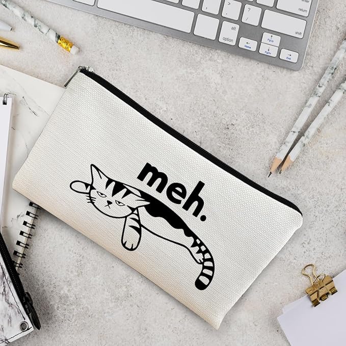 Cat Meh Makeup Bag - Funny Sarcastic Cosmetic Zipper Travel Toiletry Bag for Cat Lovers, Teen Girls, Women Idea