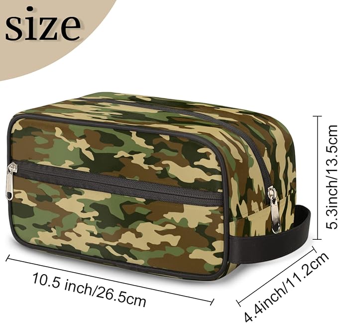 Green Camo Portable Travel Toiletry Bag, Camouflage Print Dopp Kit Cosmetic Organizer Makeup Bag Shower Shaving Bag for Men Women