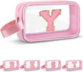 Initial Makeup Bag,Letter Y Cute Clear Monogrammed Cosmetic Travel Bag for Womens Girls,Personalized Pink Aesthetic Traveling Make Up Organizer Bag for Beach,Waterproof Toiletry Bag