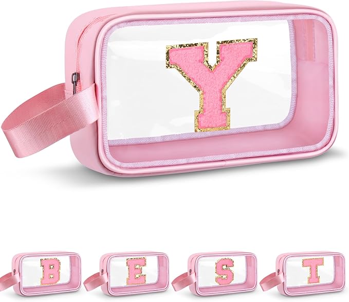 Initial Makeup Bag,Letter Y Cute Clear Monogrammed Cosmetic Travel Bag for Womens Girls,Personalized Pink Aesthetic Traveling Make Up Organizer Bag for Beach,Waterproof Toiletry Bag