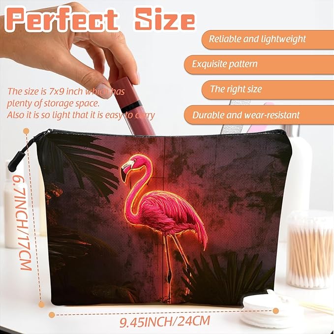 Cosmetic Bags Travel Makeup Toilet Case Waterproof Pouch for Women Girls 6.7X9.45inches - Pink Flamingo With Neon Lighting