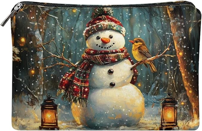 COEQINE Snowman Birds Black Pouches For Purse Organization Christmas Makeup Bags for Women Travel Leather Cosmetic Bag Cute Toiletry Travel Bag For Christmas Birthday Holiday Gifts