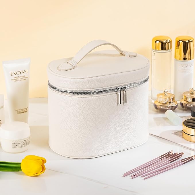 Makeup Bag Vanity Case Cosmetic Bag with Removable Divider Travel Toiletry Bag for Women Portable Make up Box Organizer, White