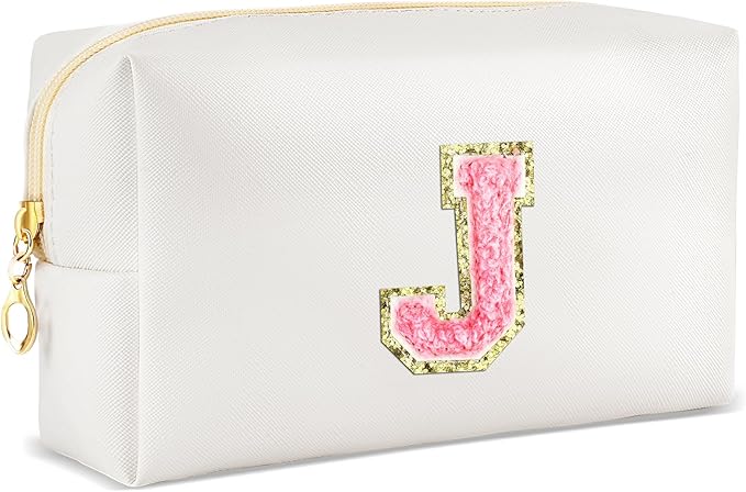 Initial Makeup Bag Personalized Preppy Travel Small Cosmetic Bag Cute PU White Chenille Letter Makeup Pouch for Purse Waterproof Zippered Toiletry Organizer for Women Girls Kids Friends (J)