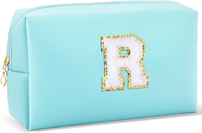 Gifts for Girls Initial Makeup Bag Personalized Cosmetic Bag with Zipper Cute Travel Toiletry Bag Waterproof PU Preppy Makeup Pouch Birthday Gift for Teen Girls Women(Blue R)