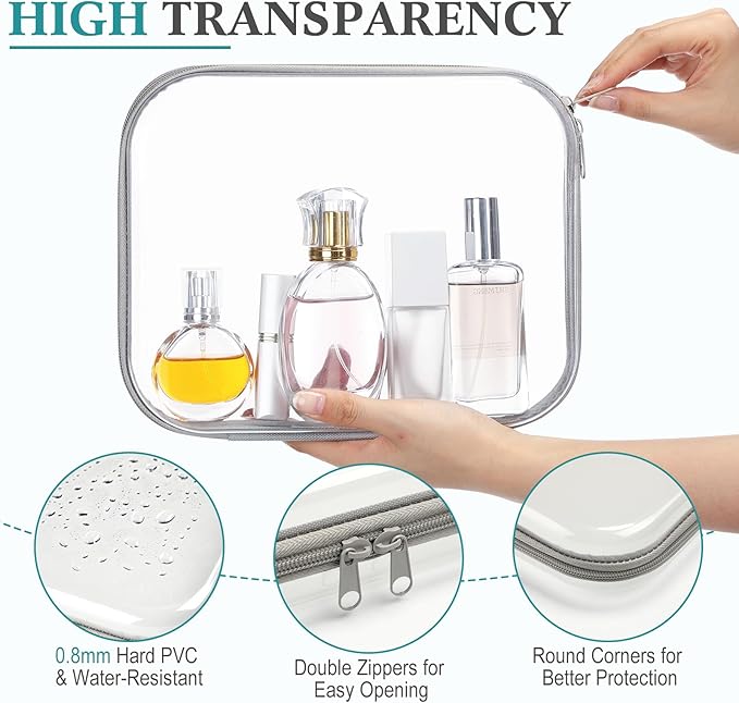 Sanwuta 6 Pcs Clear Hard Zipper Case Hard Plastic Zipper Pouches Makeup Bag Pencil Pouches Transparent Cases for Snacks Plastic Storage Organizer Box for Travel(Gray,9.84 x 7.87 x 2 Inch)