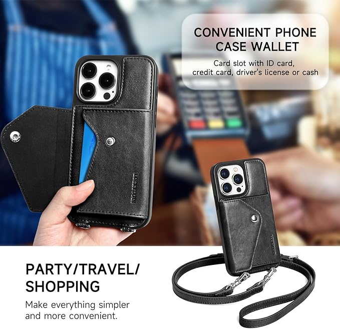 LUCKYCOIN Crossbody Wallet Phone Case for iPhone 15 Pro,100% Genuine Leather Wallet Phone Case with Expandable Flip Card Holder,Phone Purse for Women with Adjustable Removable Strap - Black