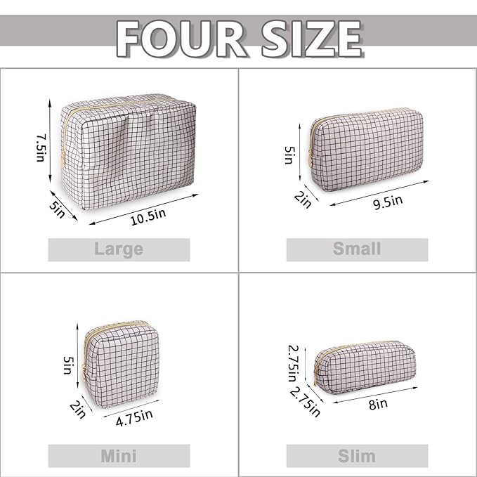 Small Pencil Case Makeup Bag for Purse, Cute Pencil Pouch Nylon Preppy Checkered Makeup Brush Bag with Zipper, Girls Portable Stationery Storage Case Small Pen Bag for Office School(Slim-Checkered)