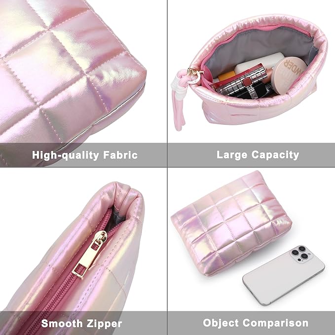 DOB SECHS Quilted Checkered Makeup Bag with Strap, Cute Puffer Cosmetic Bags for Women, Cotton Puffy Toiletry Zipper Pouch, Travel Essentials Storage Organizer Clutch Pencil Case, Iridescent Pink