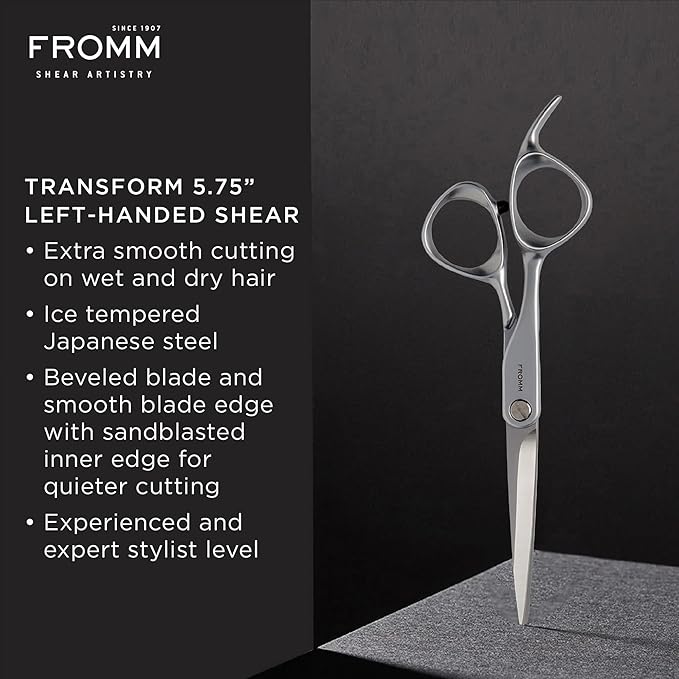 Fromm Transform 5.75" Left-Hand Extra Smooth Hair Cutting Shears for Wet and Dry Hair, Polished Silver Japanese Steel Scissors with Beveled Blade