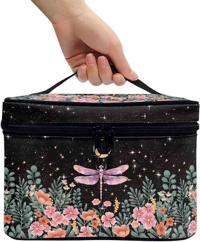 Dragonfly Floral Moon Pattern Makeup Bag Travel Cosmetic Bag with Zipper and Handle Portable Large Capacity Toiletry Case for Women Ladies Travel Accessories
