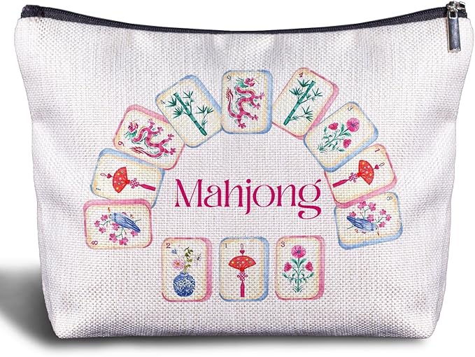 Chinoiserie Chinese Mahjong Makeup Bag, Mah Jong Gifts for Women Cosmetic Bags, Gifts for Mahjong Players Lovers Makeup Zipper Pouch