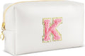 Initial Makeup Bag Personalized Preppy Travel Small Cosmetic Bag Cute PU White Chenille Letter Makeup Pouch for Purse Waterproof Zippered Toiletry Organizer for Women Girls Kids Friends (K)