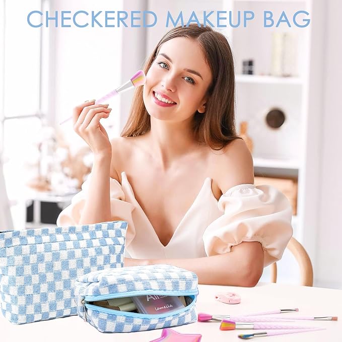 Travel Makeup Bag, Checkered Cosmetic Bag Make Up Organizer Case for Women, Small Toiletry Bag Skincare Pouch for Toiletries Accessories Brushes, 2PCS