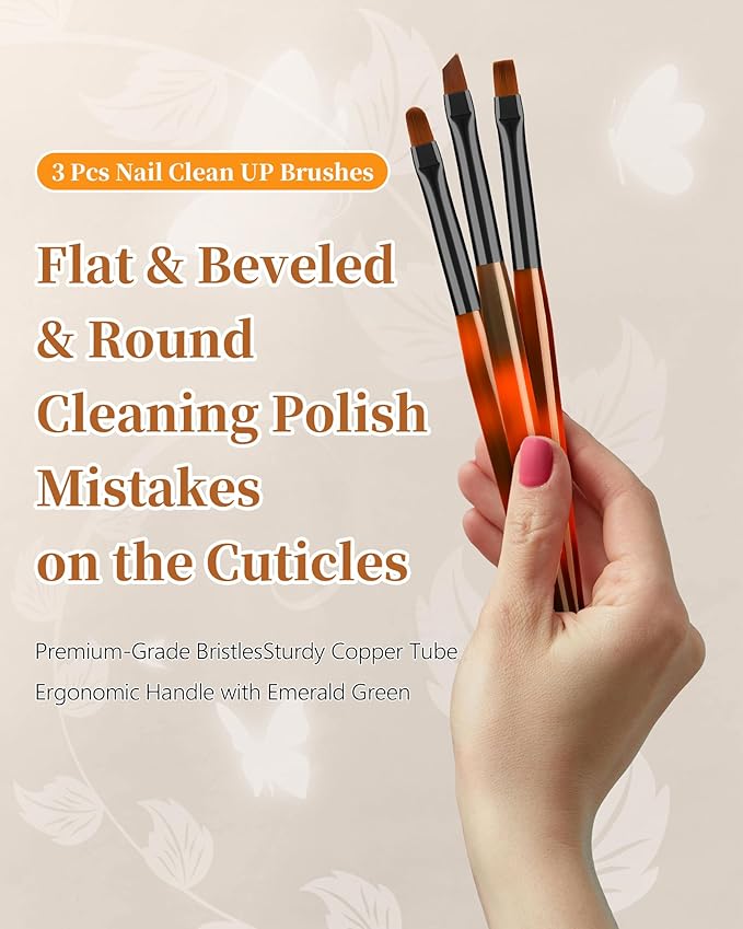 3PCS Nail Art Clean Up Brushes, Round/Angled/flat Acetone Resistant Gel Nail Polish Remover Brush, Nail Brushes for Tidying Up Polish Mishaps on Cuticles, and Nail Art Designs（Orange Black）