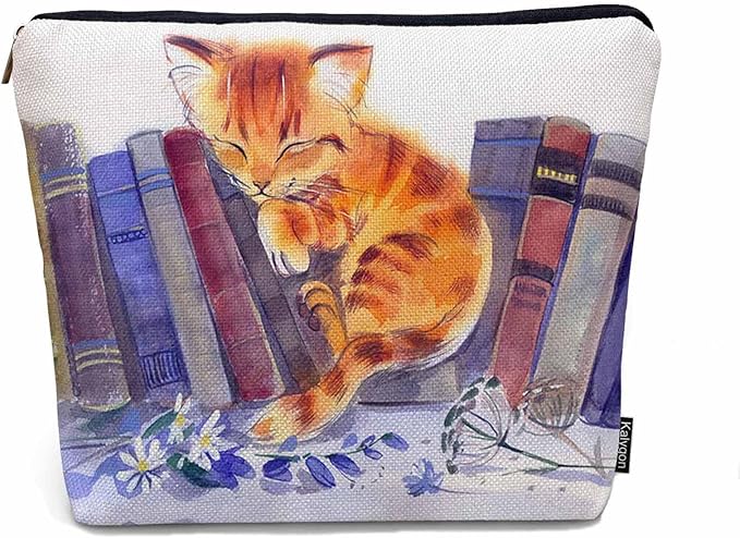 Cat Cosmetic Travel Bag For Toiletries, Funny Cat Kitten Sleep Floral Library Bookshelf Makeup Bag Toiletry Bags For Women, Flax Cosmetic Bags Make Up Bag Purse Toiletries Bag Birthday Gift