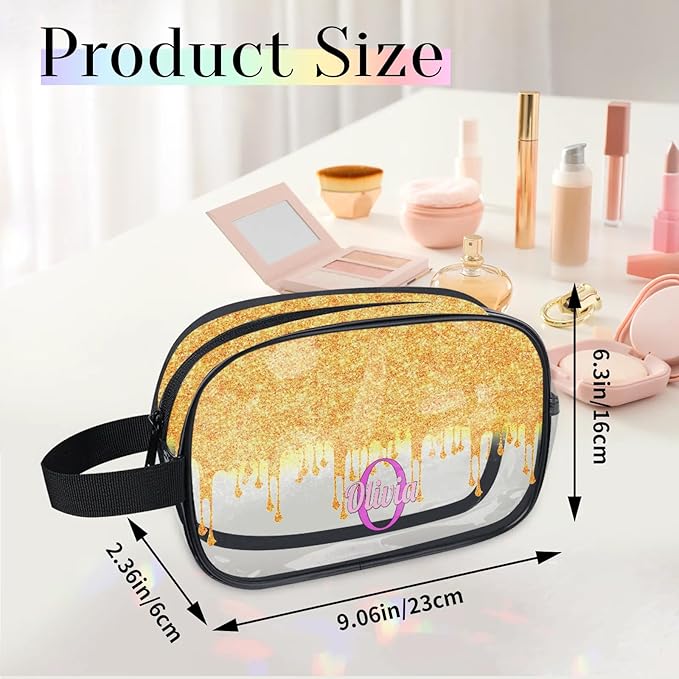Personalized Clear Makeup Bag with Name, Best Friends Teen Women Mom Birthday Gift PVC Cosmetic Toiletry Travel Bag for Toiletries, Gold Color Bling Glittering