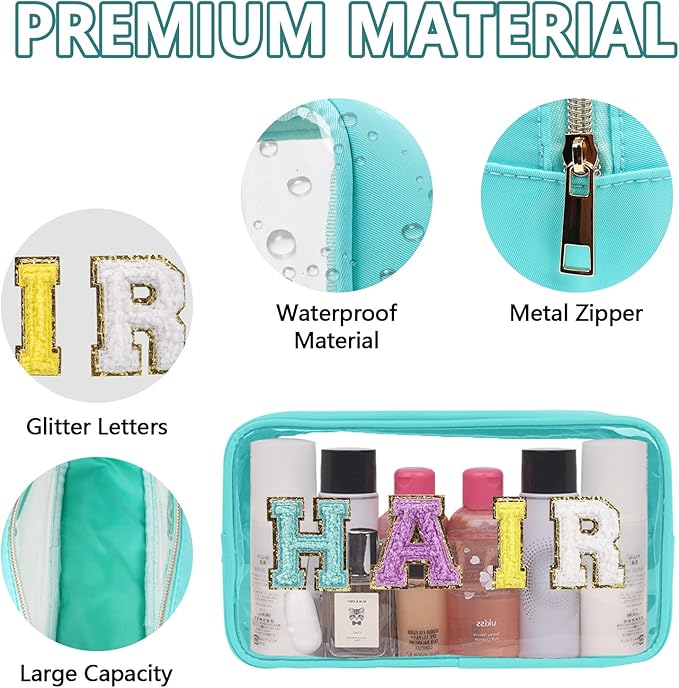 Iqimott Clear Patch Makeup Bag Hair Pouch, Preppy Personalized Chenille Letter Cosmetic Pouch for Travel, Nylon Waterproof Organizer Travel Essentials Zipper Toiletry Bags for Women Girls(Green)