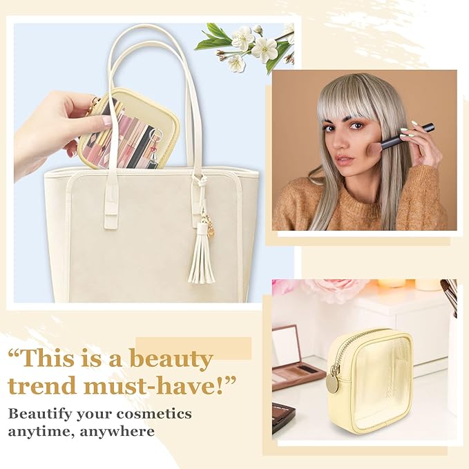 Mini Clear Travel Makeup Organizer Bag for Purse, Small Cute Makeup Bag Preppy Cosmetic Zipper Pouch Purse, Transparent PVC & Nylon Waterproof Coin Pouch Sanitary Napkin Storage Bag for Women(Beige)