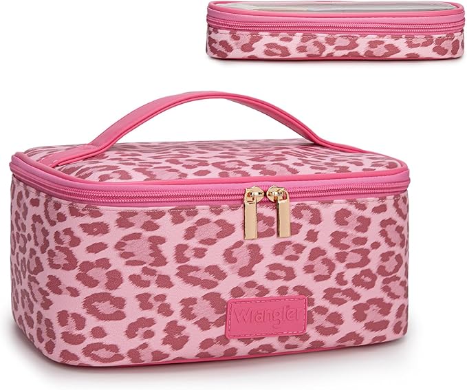 Montana West X Wrangler Travel Makeup Bag 2pcs Set Large Cosmetic Bag with Makeup Brush Holder Portable Make Up Organizer Cute Toiletry Bag with Divider and Handle for Women Leopard
