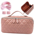 Makeup Bag, Travel Toiletry Bag for Women, Large Capacity Waterproof Rhombus Stitching Pattern PU Leather Cosmetic Bags Make Up Organizer Bags with Headband and Wristband Set (Pink)