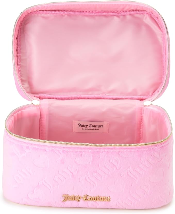 Juicy Couture Pink Makeup Bag Cosmetics Organizer Travel Essentials Train Case Velour Heart Logo
