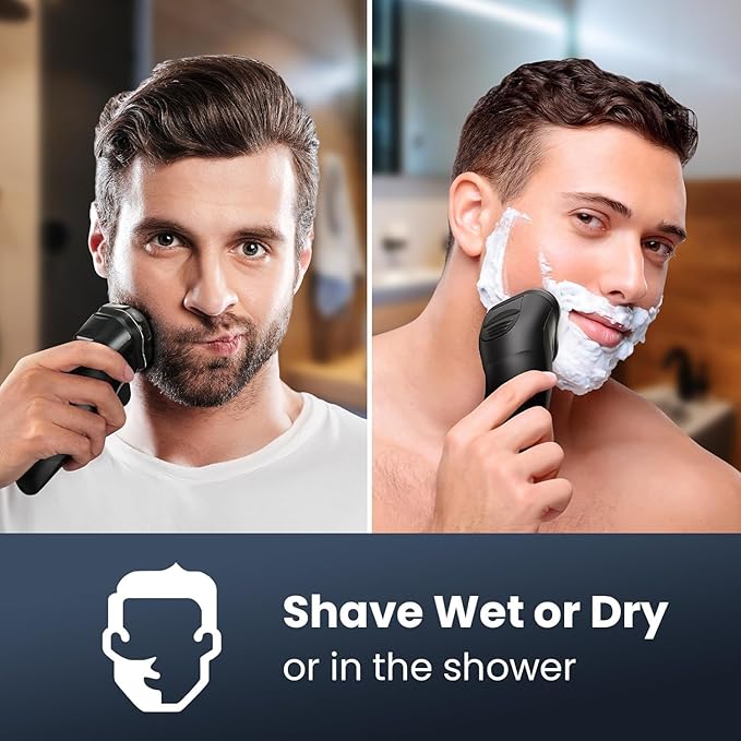 Electric Razor for Men Cordless: Wet/Dry Rotary Shaver Waterproof - USB Fast Charging & Sensitive Skin Care - Pop up Trimmer & Precision Blades Black