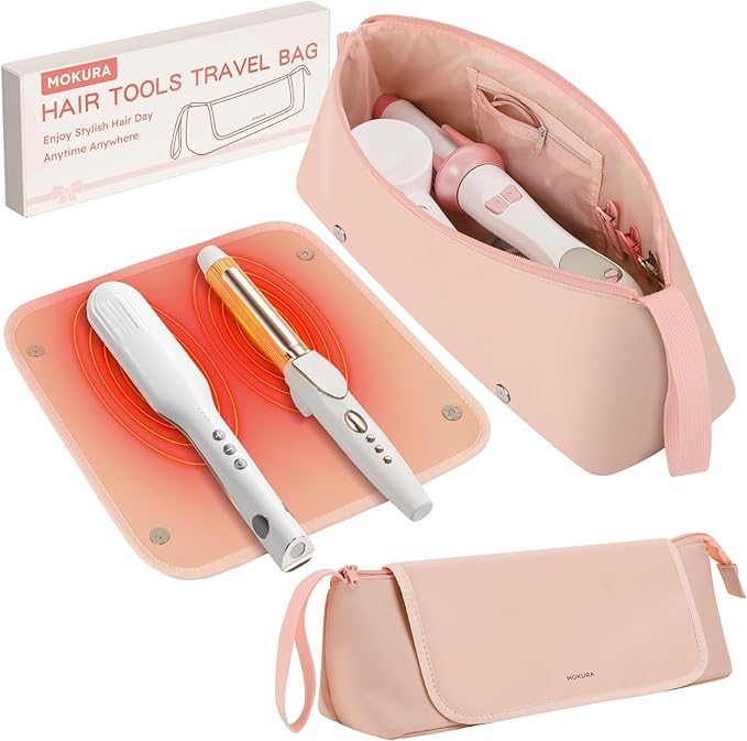 MOKURA Hot Hair Tools Travel Bag with Heat Resistant Mat, Women Hair Accessories Organizer Case, Storage Pouch for Curling Iron Straightener Flat Iron, Stocking Stuffers for Women, Gifts for Mom, Pink