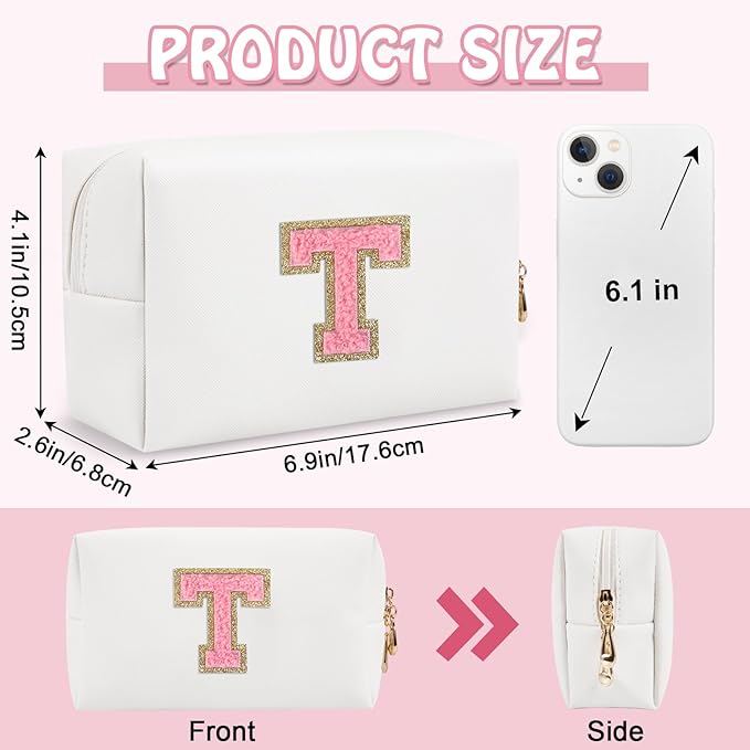 Personalized Small Travel Preppy Makeup Bag, Chenille Letter White Cute Makeup Bag Initial Cosmetic Pouch Toiletry Organizer, PU Leather Waterproof Makeup Storage Gifts for Teacher Women(Letter T)
