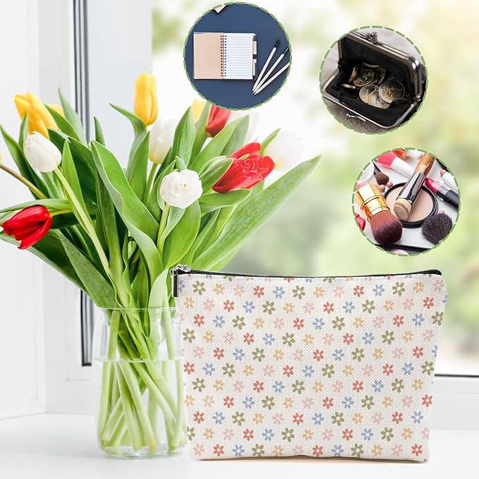 Vintage Daisy Flowers Makeup Bag Floral Cosmetic Bag Friend Friendship Gifts for Women Girls Sister Coworker Mama Botanical Travel Organizer Zipper Pouch Christmas Thanksgiving Birthday Gifts