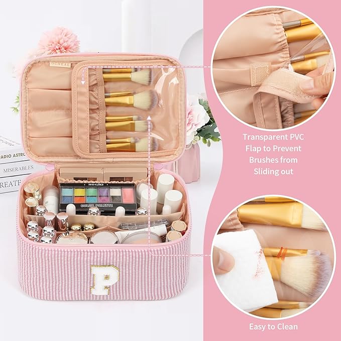 OCHEAL Makeup Bag for Women, Monogram Cosmetic Bag with Brush Holder, Pink Travel Makeup Case Beauty Toiletry Bag Organizer Personalized Gifts for Girls Bridesmaid, Sister, Wife, Friends Initial P