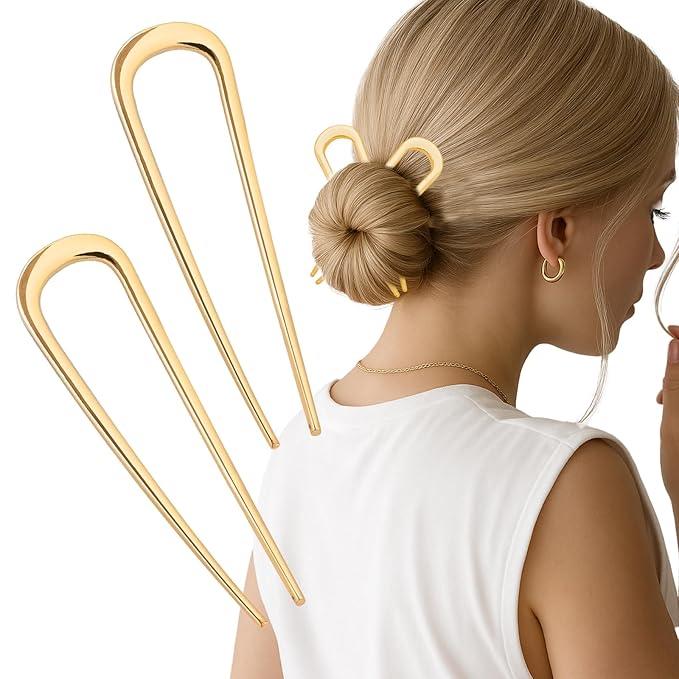 2PCS 4.2Inch French Hair Pins U-Shaped Pins for Women and Girls Fashion Metal Hair Pin French Twist Hair Pins for Buns, Updos,Stylish and Functional(set1-rabbit-gold)