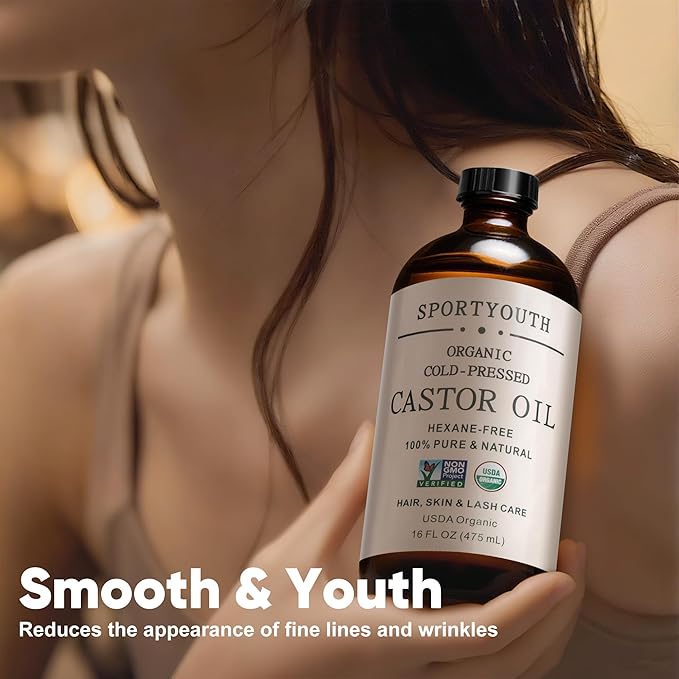 SPORTYOUTH Castor Oil Organic Cold Pressed Hexane Free USDA Certified 100% Pure Unrefined Glass Bottle 16 oz Carrier Oil for Hair Growth, Scalp, Castor Oil Pack, Eyelashes, Brows, Skin, Face, Body