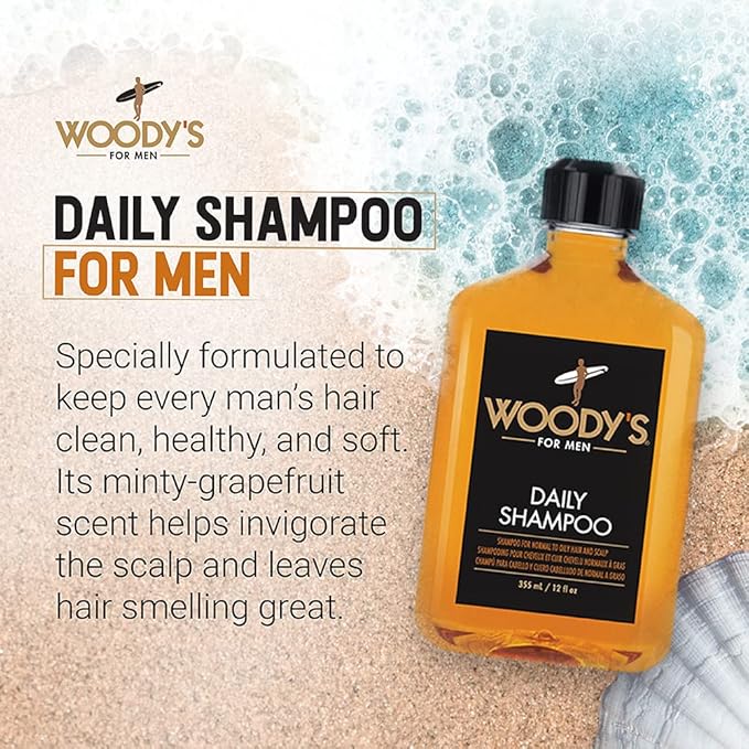 Woody's Men's Daily Shampoo - Nourishing Cleanser with Vitamin B5, Aloe Vera & Ginger, for All Hair Types, 12 Fl Oz