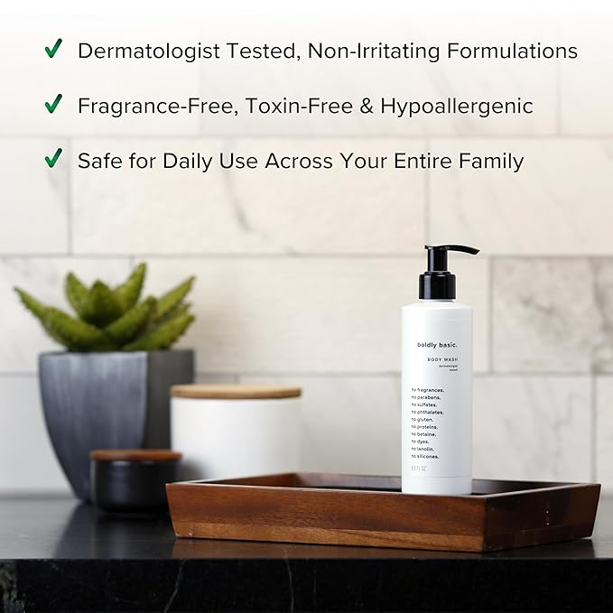 Boldly Basic Fragrance Free Body Wash - Gentle Bodywash on Sensitive Skin - Unscented Shower Gel - Dermatologist Tested - No Sulfates, Parabens or Gluten - Non Comedogenic and Hypoallergenic